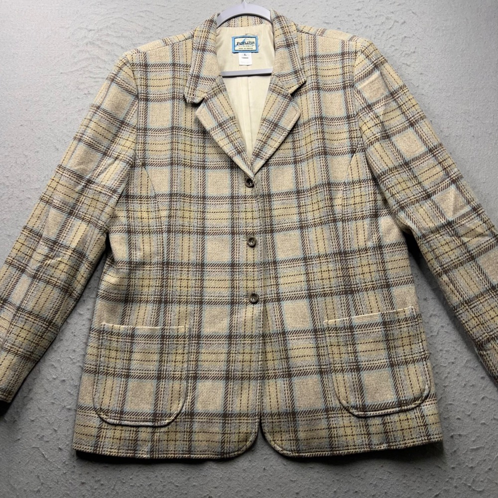 Pendleton Women XL Vintage 100% Virgin Wool Plaid Blazer Jacket Beige Brown Blue